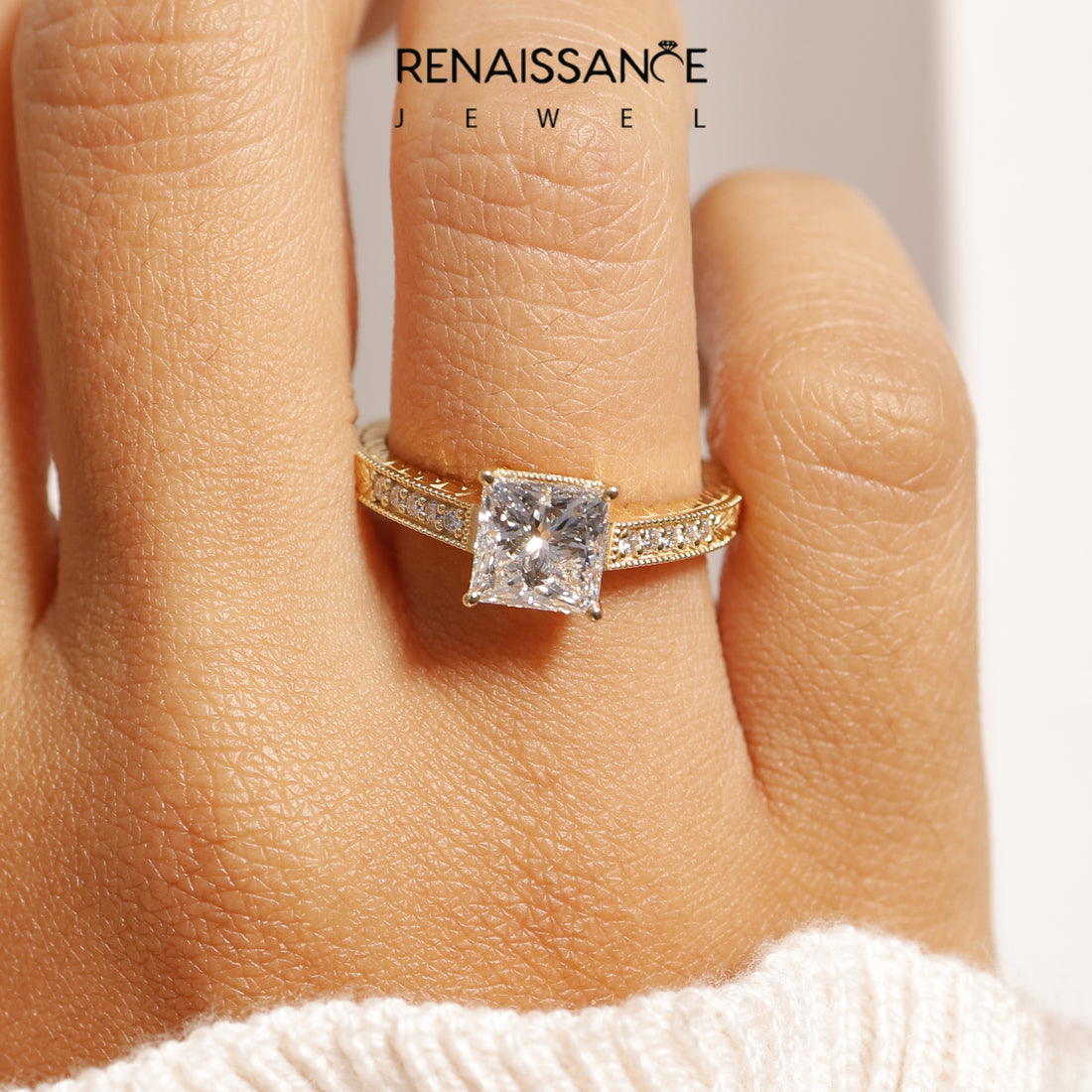 Yellow gold Princess Cut Milgrain Channel Set Engagement Ring with Solitaire Prong Setting_94