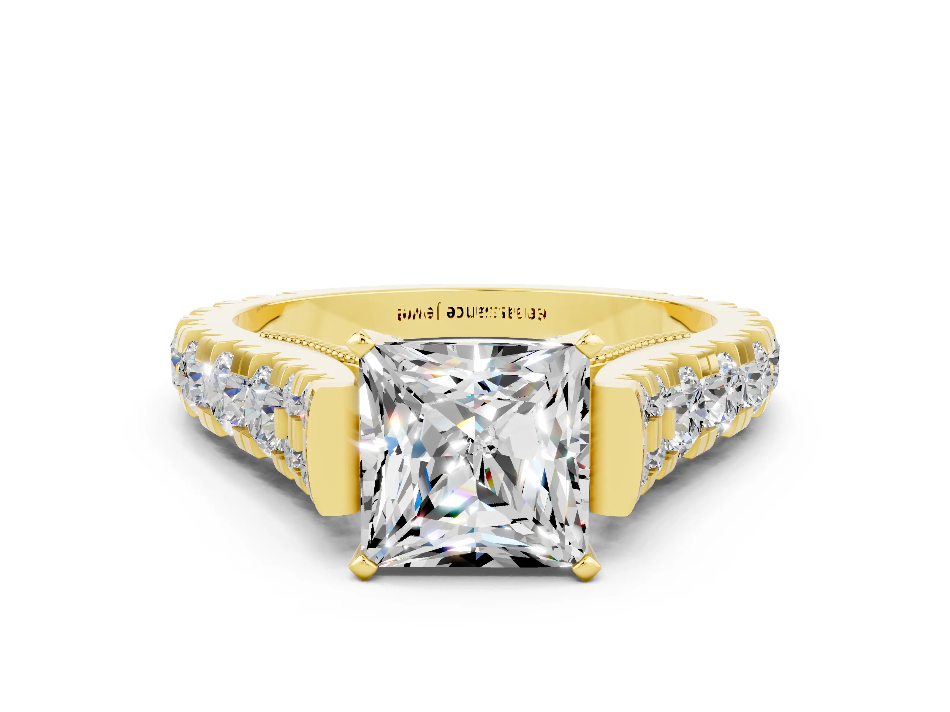 Yellow gold Princess Cut Moissanite Classic Solitaire Ring with Pavé Band and Four-Prong Setting