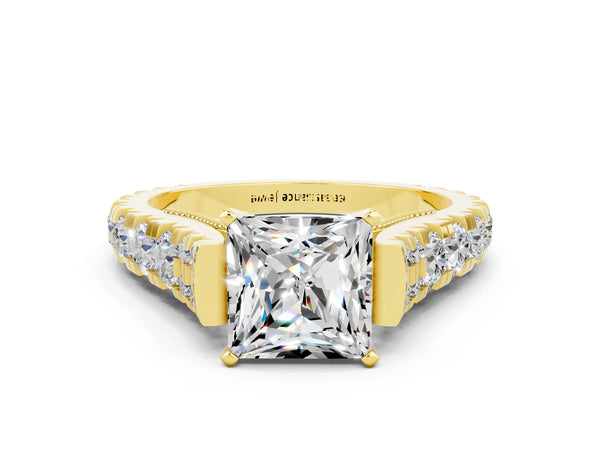 Yellow gold Princess Cut Moissanite Classic Solitaire Ring with Pavé Band and Four-Prong Setting