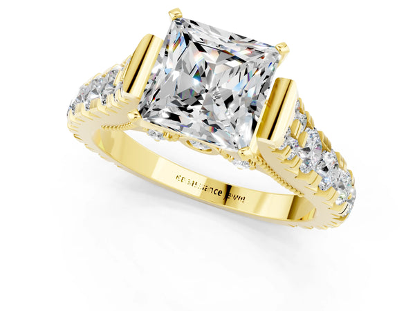 Yellow gold Princess Cut Moissanite Classic Solitaire Ring with Pavé Band and Four-Prong Setting