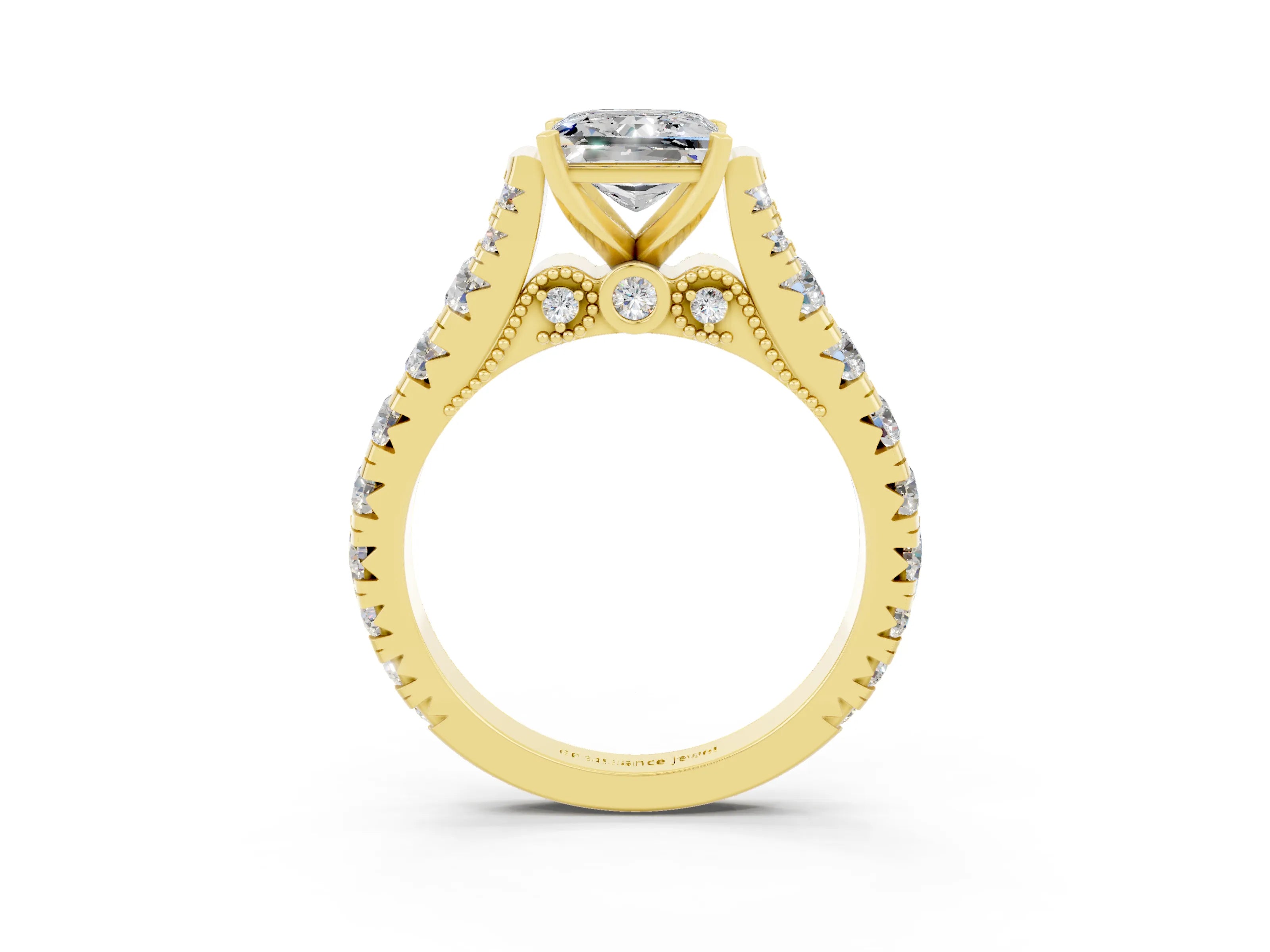 Yellow gold Princess Cut Moissanite Classic Solitaire Ring with Pavé Band and Four-Prong Setting_3