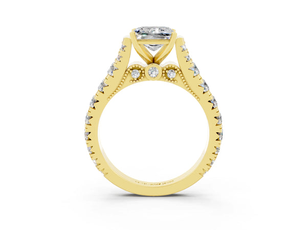 Yellow gold Princess Cut Moissanite Classic Solitaire Ring with Pavé Band and Four-Prong Setting