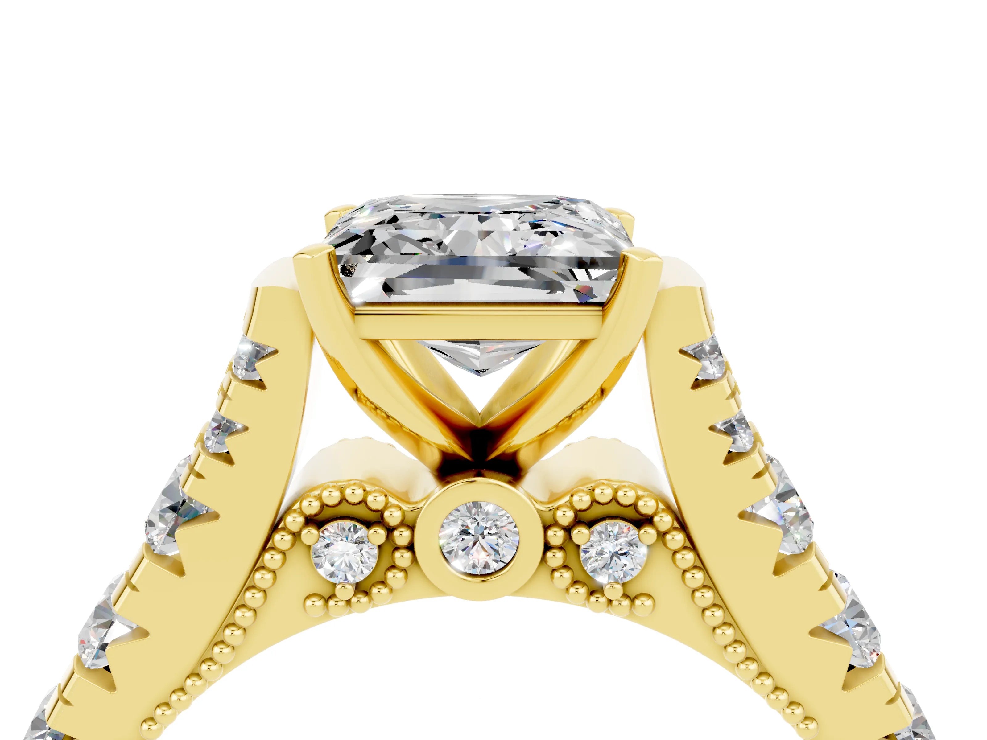 Yellow gold Princess Cut Moissanite Classic Solitaire Ring with Pavé Band and Four-Prong Setting_4