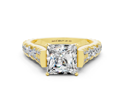 Yellow gold Princess Cut Moissanite Classic Solitaire Ring with Pavé Band and Four-Prong Setting