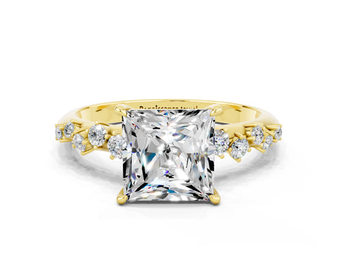 Yellow gold Princess Cut Moissanite Cluster Side Stone Solitaire Ring with Prong Setting_24