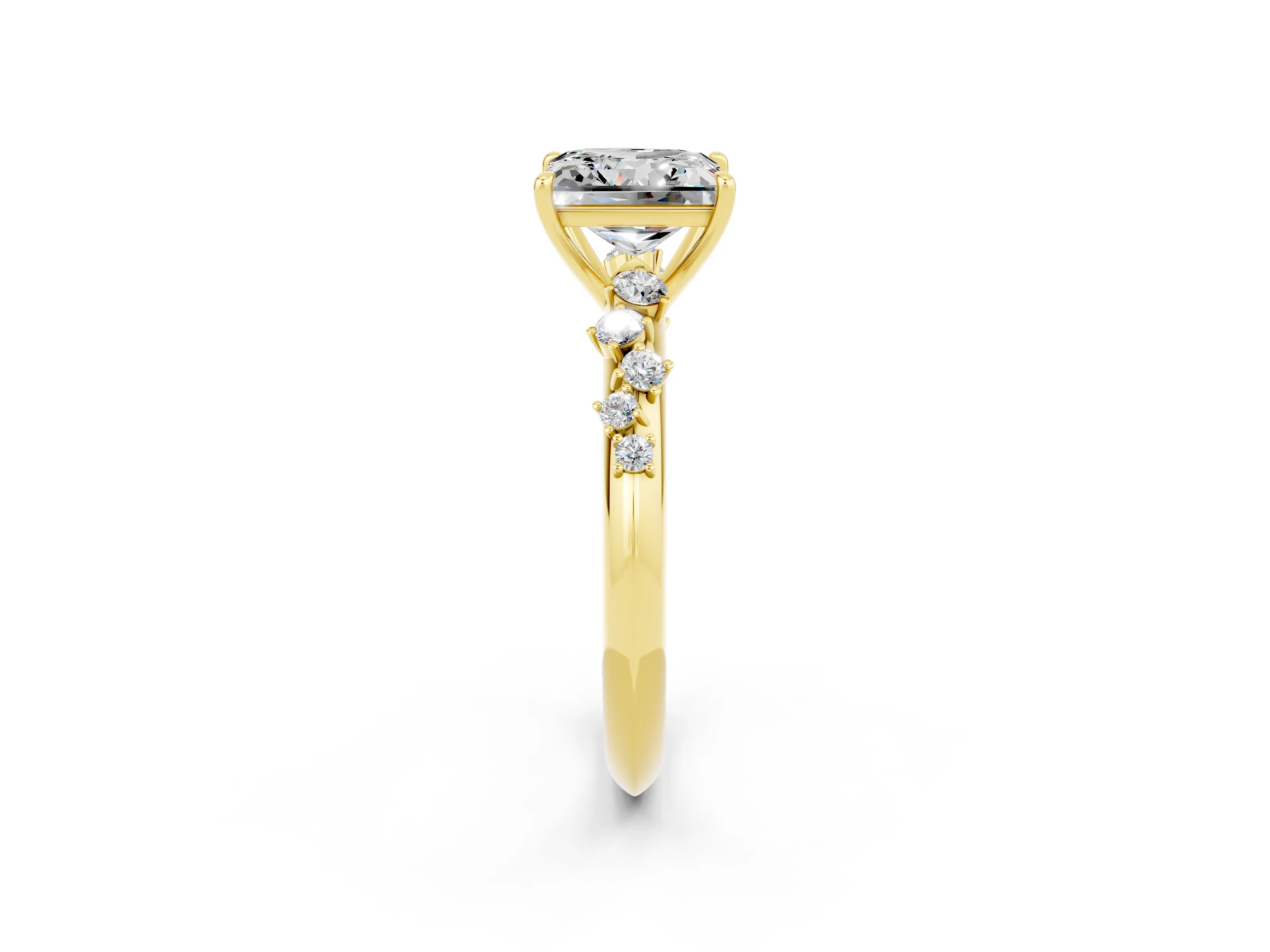 Yellow gold Princess Cut Moissanite Cluster Side Stone Solitaire Ring with Prong Setting_26