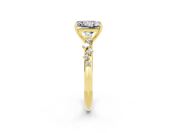 Yellow gold Princess Cut Moissanite Cluster Side Stone Solitaire Ring with Prong Setting