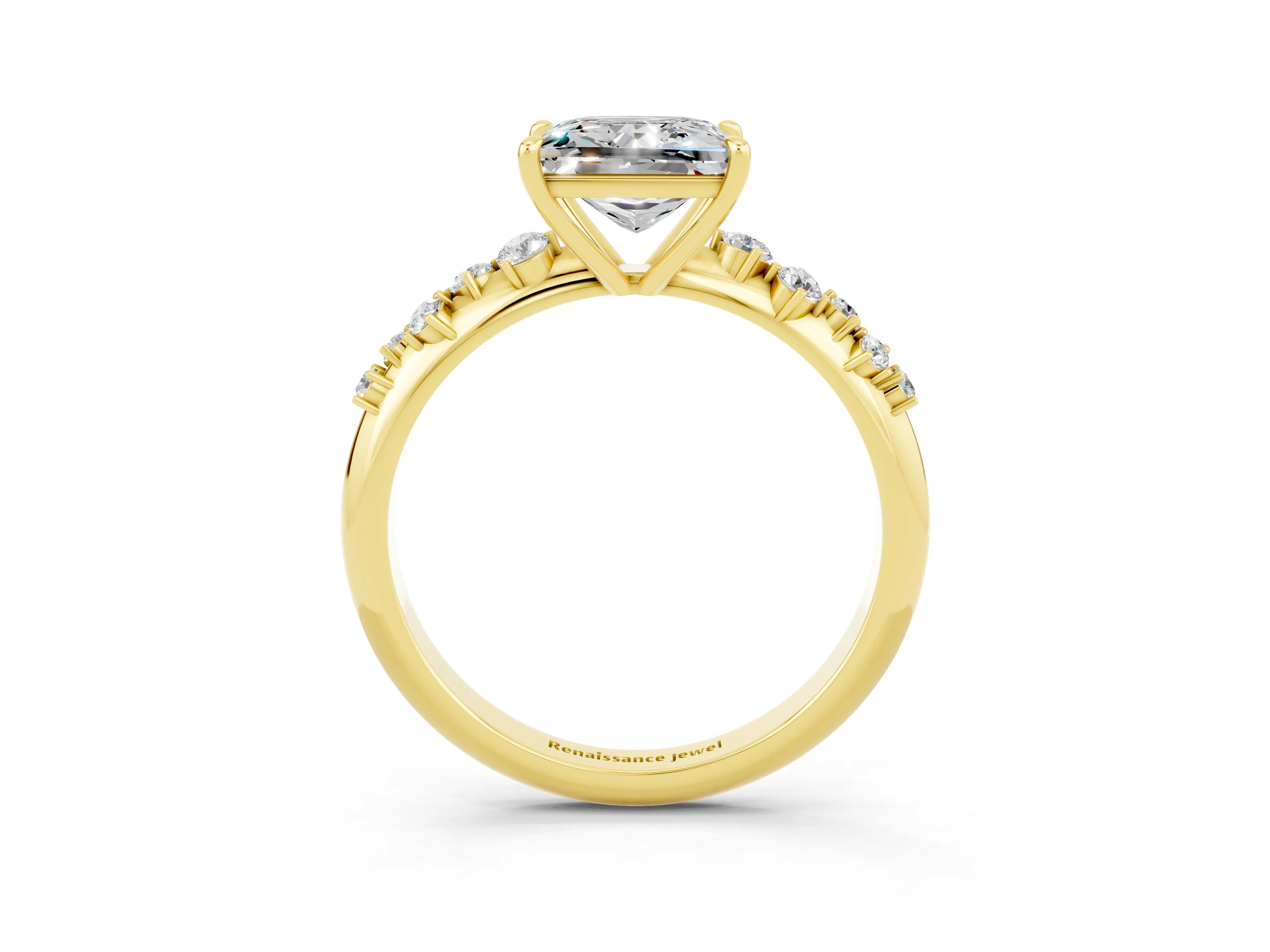 Yellow gold Princess Cut Moissanite Cluster Side Stone Solitaire Ring with Prong Setting_27