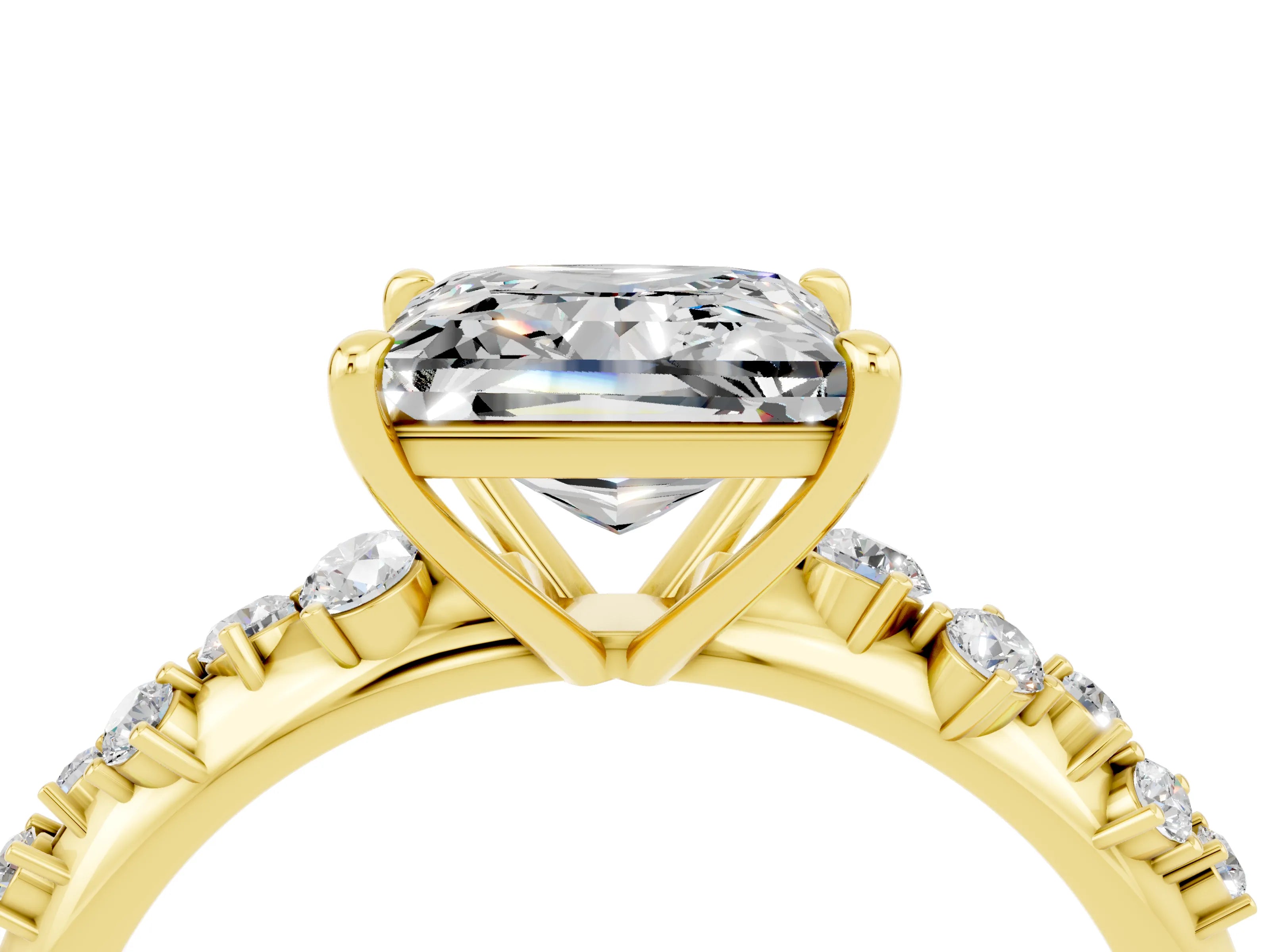 Yellow gold Princess Cut Moissanite Cluster Side Stone Solitaire Ring with Prong Setting_28