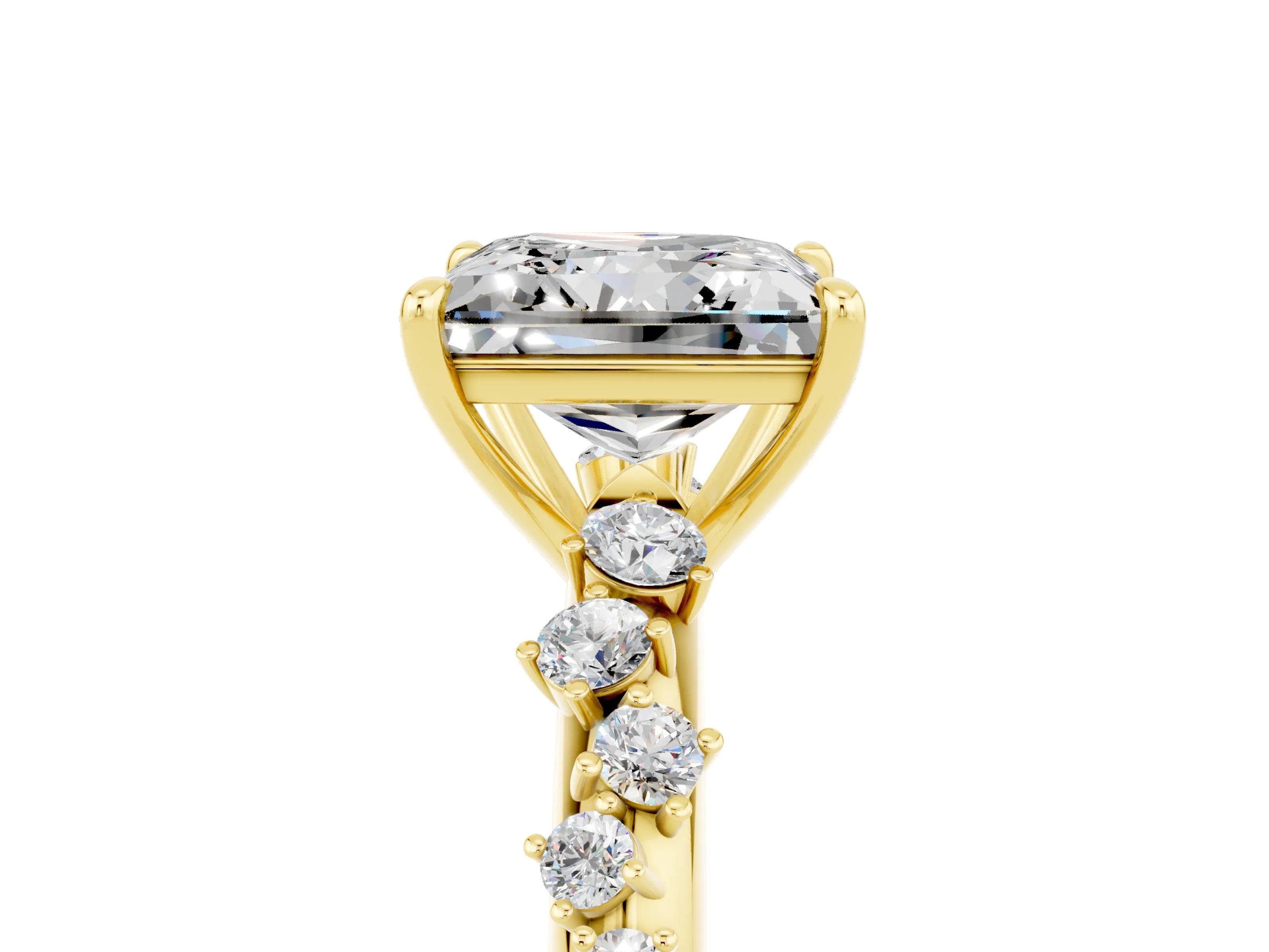 Yellow gold Princess Cut Moissanite Cluster Side Stone Solitaire Ring with Prong Setting_29