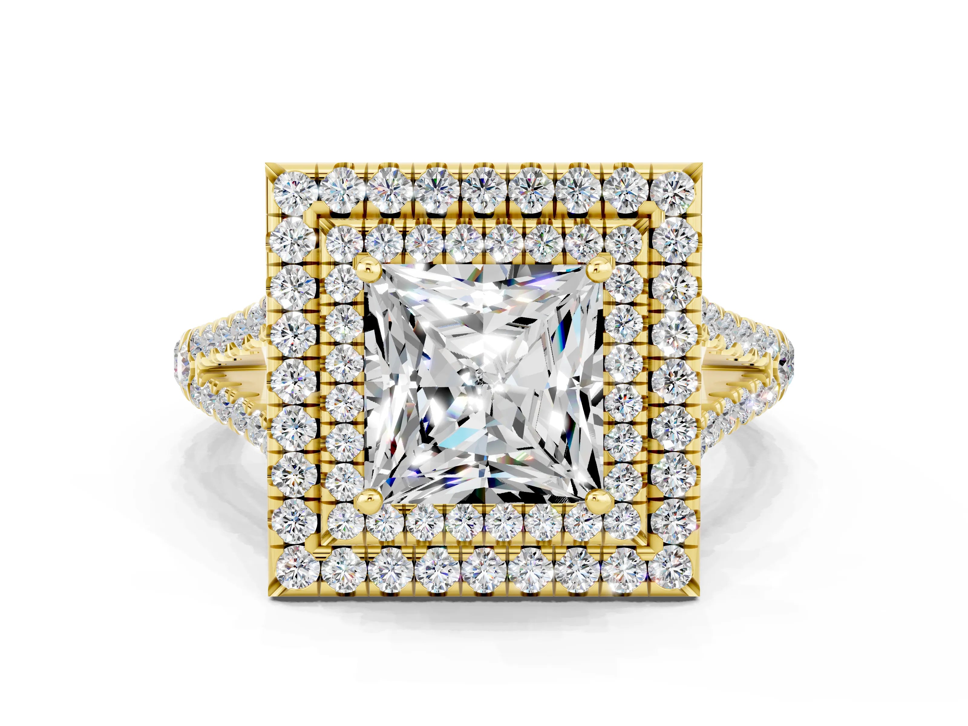 Yellow gold Princess Cut Moissanite Double Halo Ring with Pavé Band and Prong Setting_12