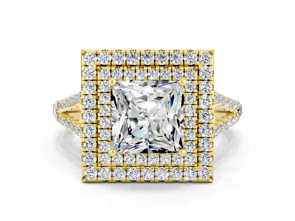 Yellow gold Princess Cut Moissanite Double Halo Ring with Pavé Band and Prong Setting