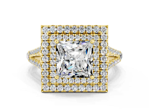 Yellow gold Princess Cut Moissanite Double Halo Ring with Pavé Band and Prong Setting_12