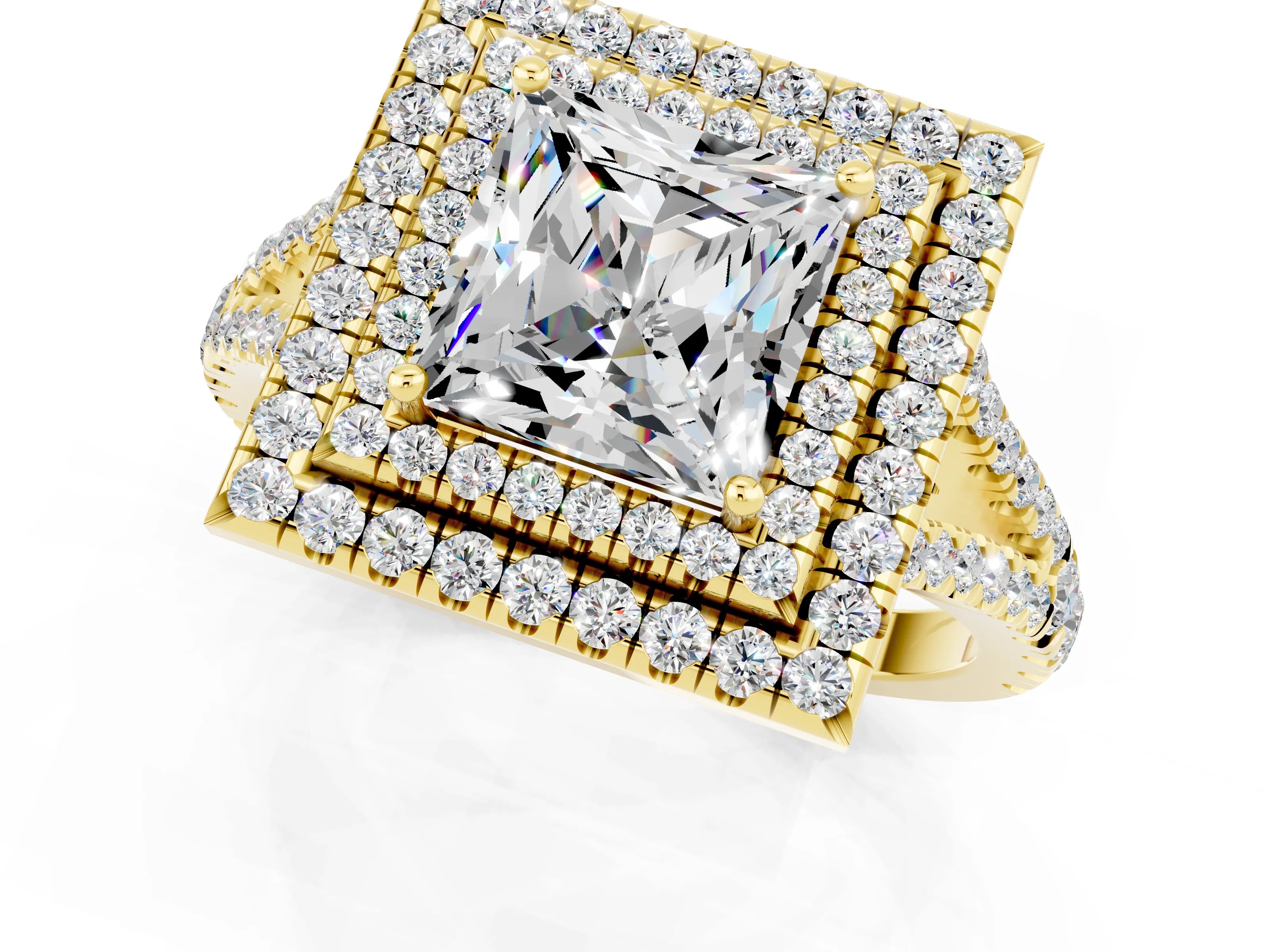Yellow gold Princess Cut Moissanite Double Halo Ring with Pavé Band and Prong Setting_13