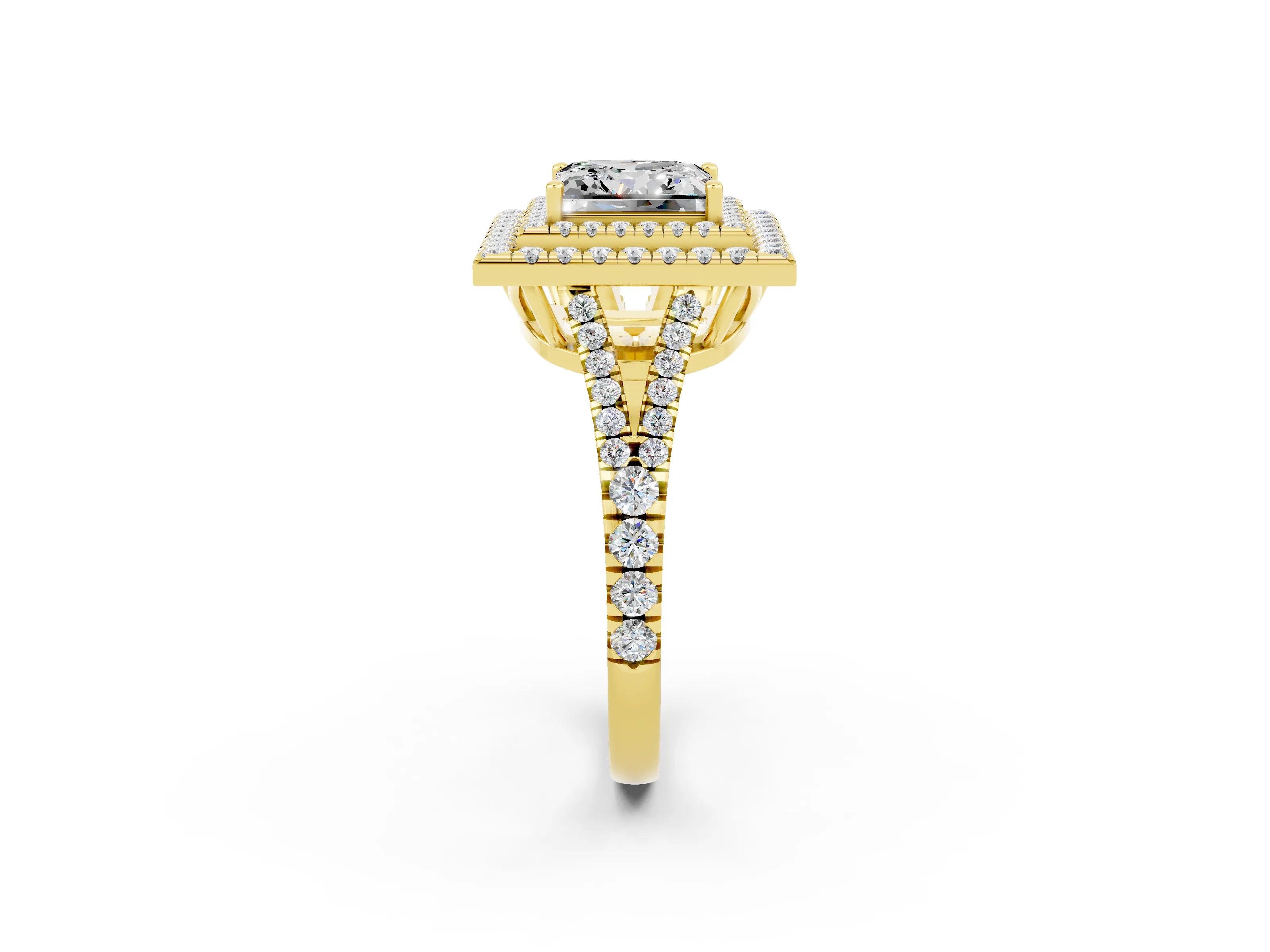 Yellow gold Princess Cut Moissanite Double Halo Ring with Pavé Band and Prong Setting_14