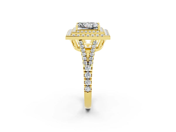 Yellow gold Princess Cut Moissanite Double Halo Ring with Pavé Band and Prong Setting