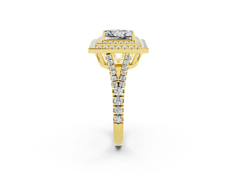 Yellow gold Princess Cut Moissanite Double Halo Ring with Pavé Band and Prong Setting_14