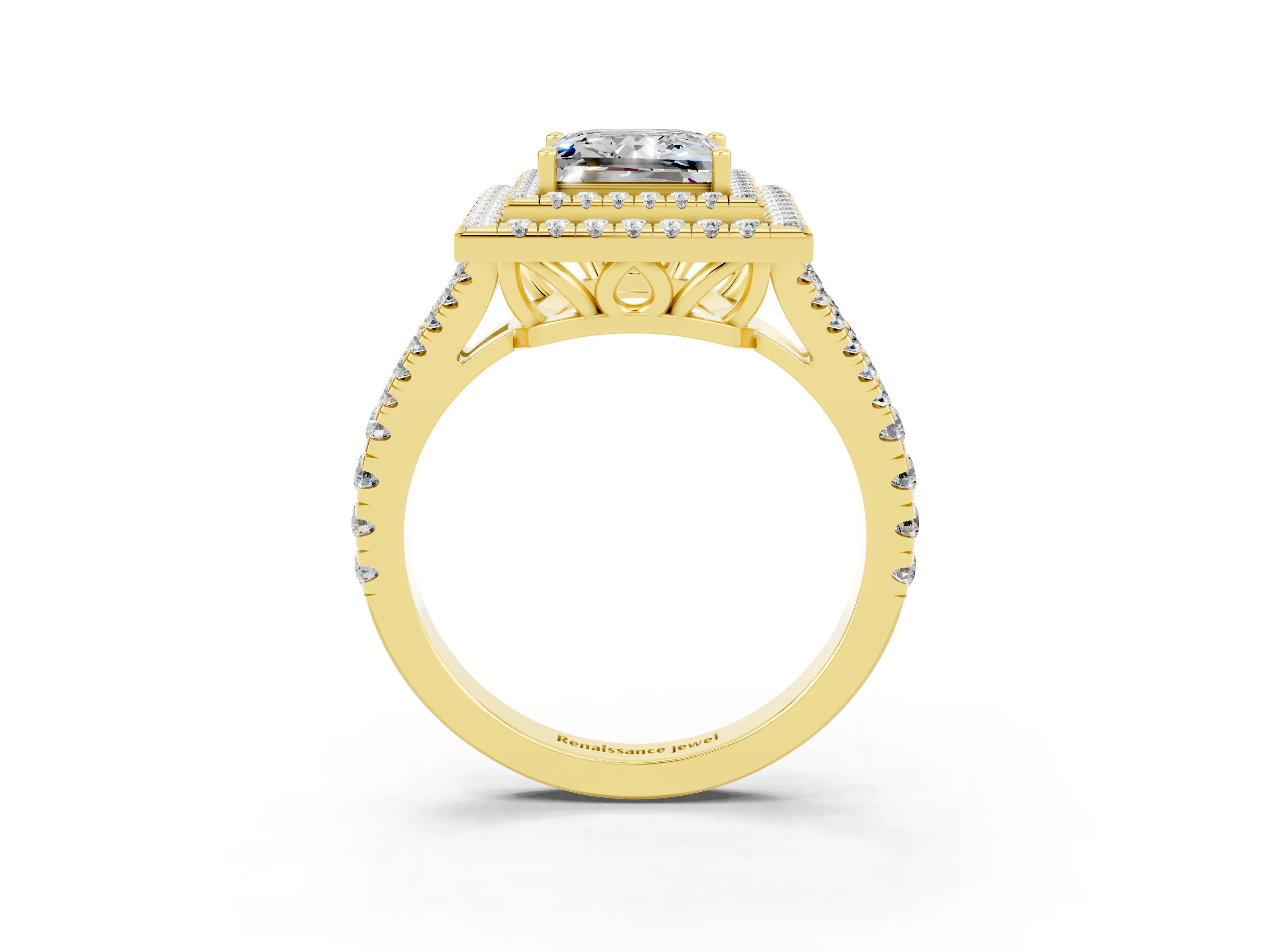Yellow gold Princess Cut Moissanite Double Halo Ring with Pavé Band and Prong Setting_15