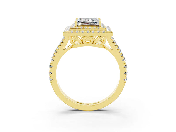 Yellow gold Princess Cut Moissanite Double Halo Ring with Pavé Band and Prong Setting