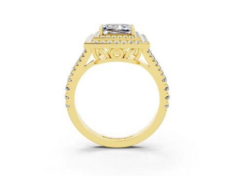 Yellow gold Princess Cut Moissanite Double Halo Ring with Pavé Band and Prong Setting_15