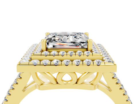 Yellow gold Princess Cut Moissanite Double Halo Ring with Pavé Band and Prong Setting_16