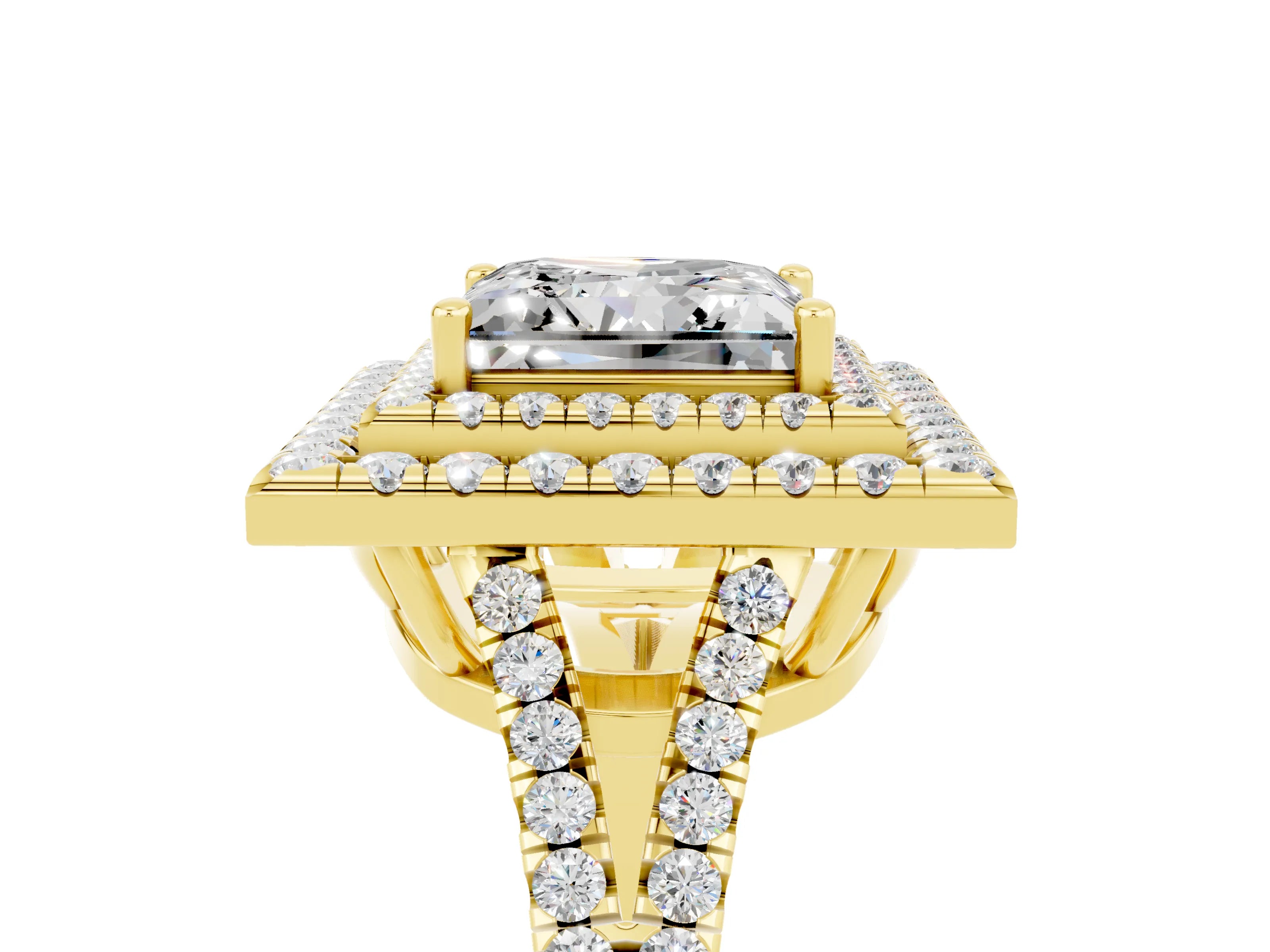 Yellow gold Princess Cut Moissanite Double Halo Ring with Pavé Band and Prong Setting_17