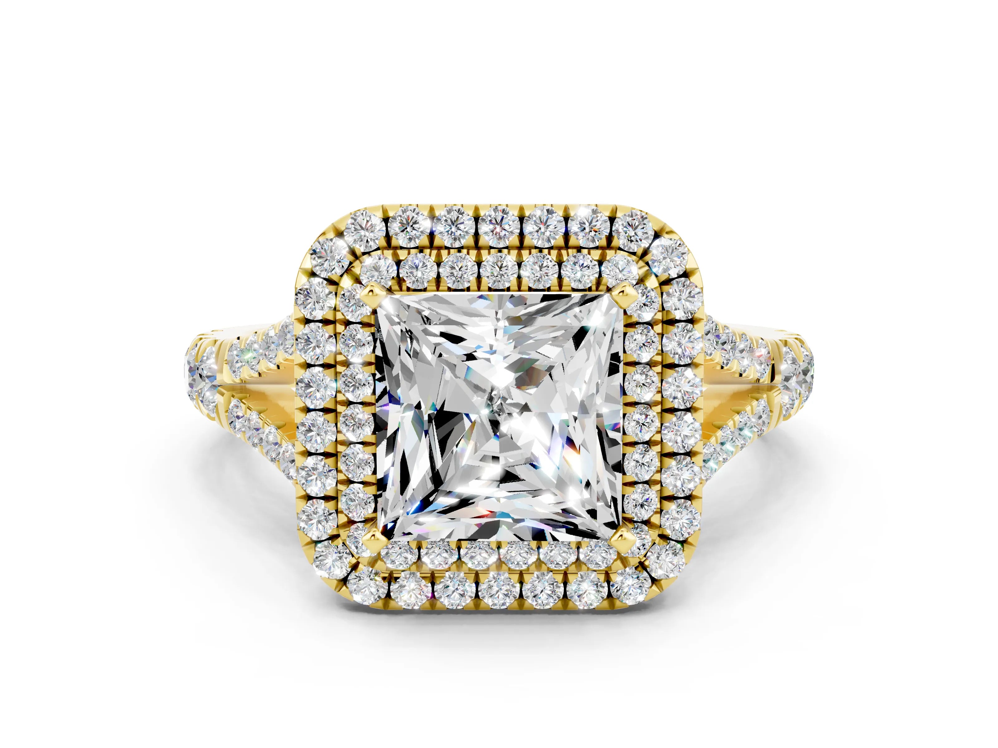 Yellow gold Princess Cut Moissanite Double Halo Ring with Split Shank and Prong Setting_12