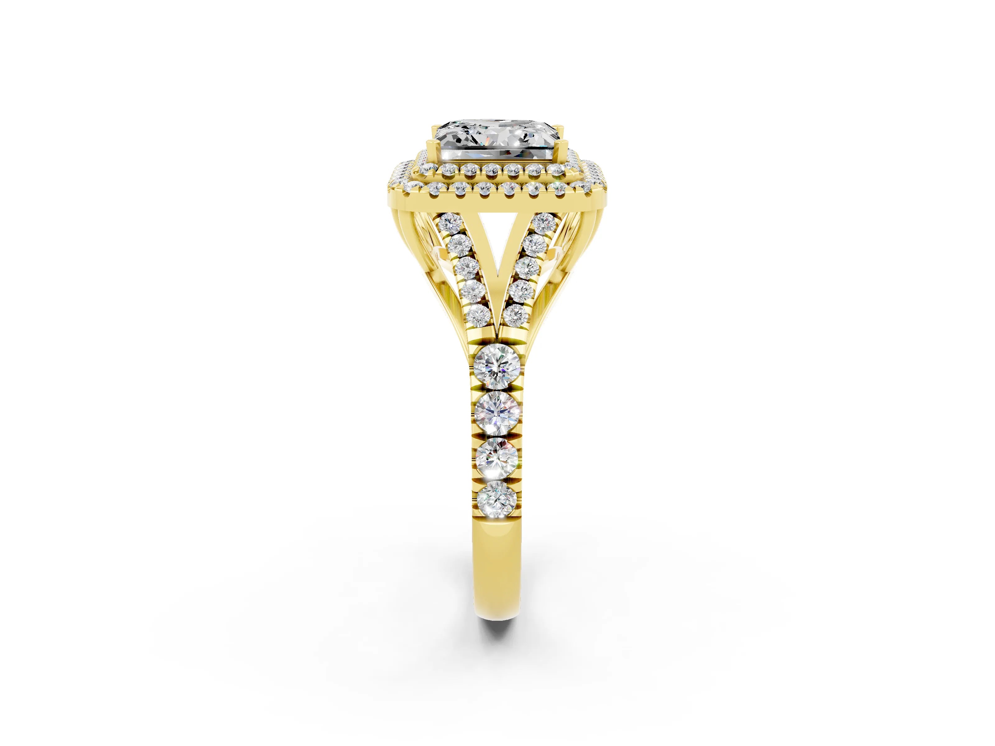 Yellow gold Princess Cut Moissanite Double Halo Ring with Split Shank and Prong Setting_14