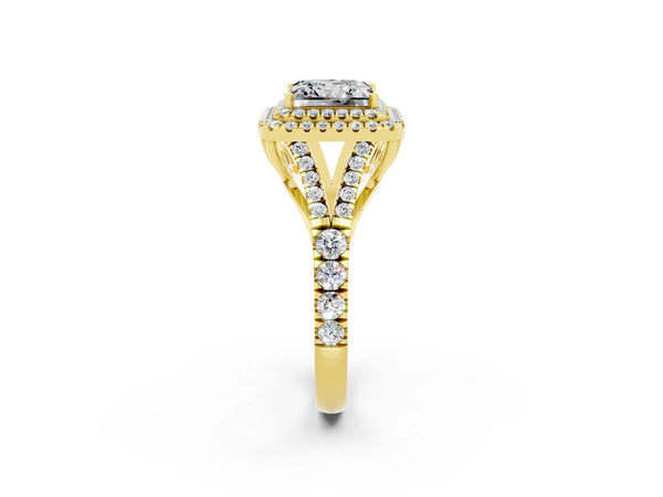 Yellow gold Princess Cut Moissanite Double Halo Ring with Split Shank and Prong Setting