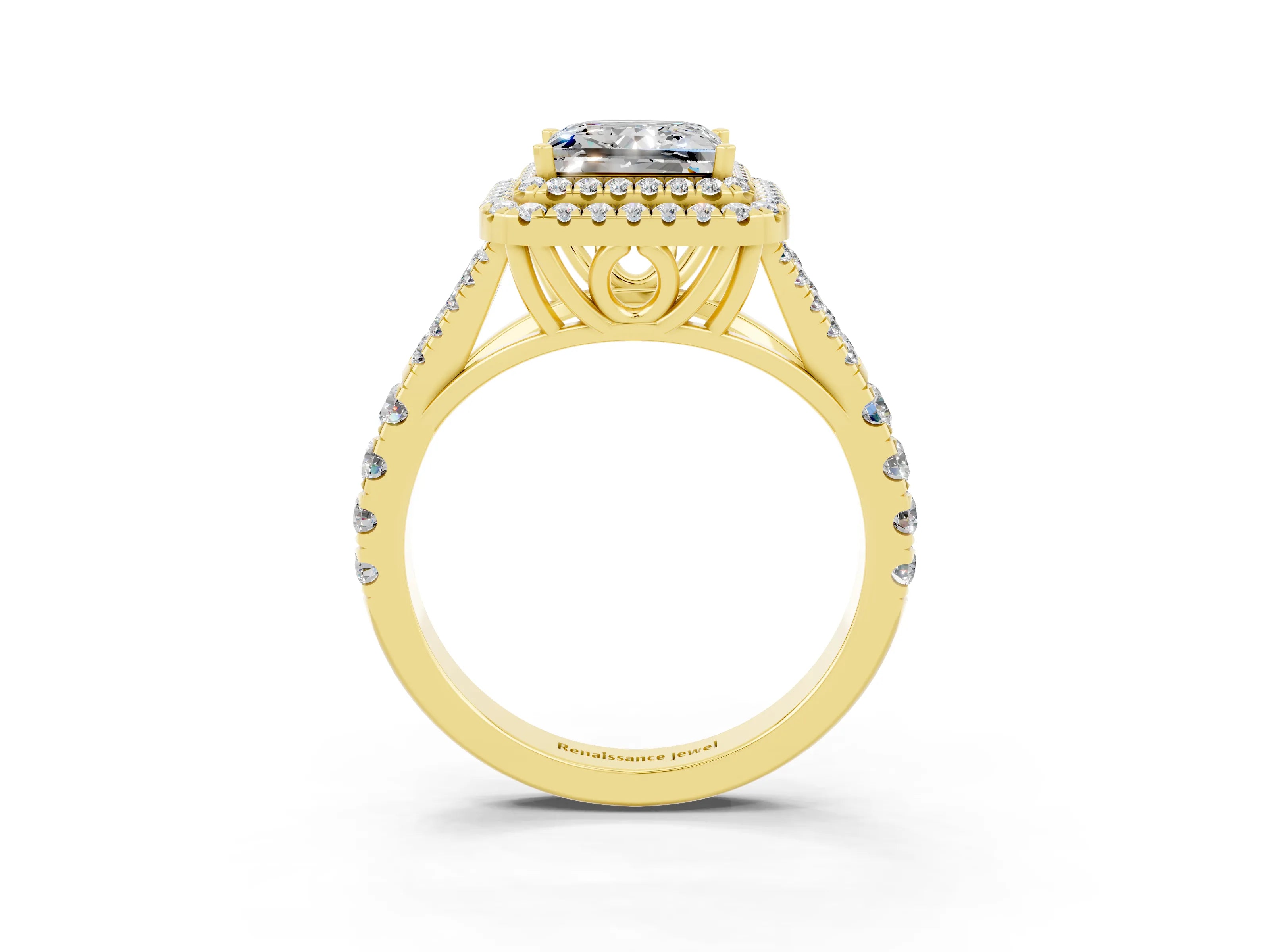 Yellow gold Princess Cut Moissanite Double Halo Ring with Split Shank and Prong Setting_15