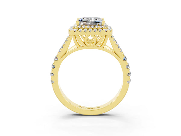 Yellow gold Princess Cut Moissanite Double Halo Ring with Split Shank and Prong Setting