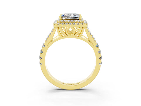 Yellow gold Princess Cut Moissanite Double Halo Ring with Split Shank and Prong Setting_15