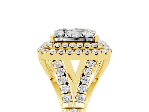 Yellow gold Princess Cut Moissanite Double Halo Ring with Split Shank and Prong Setting_17