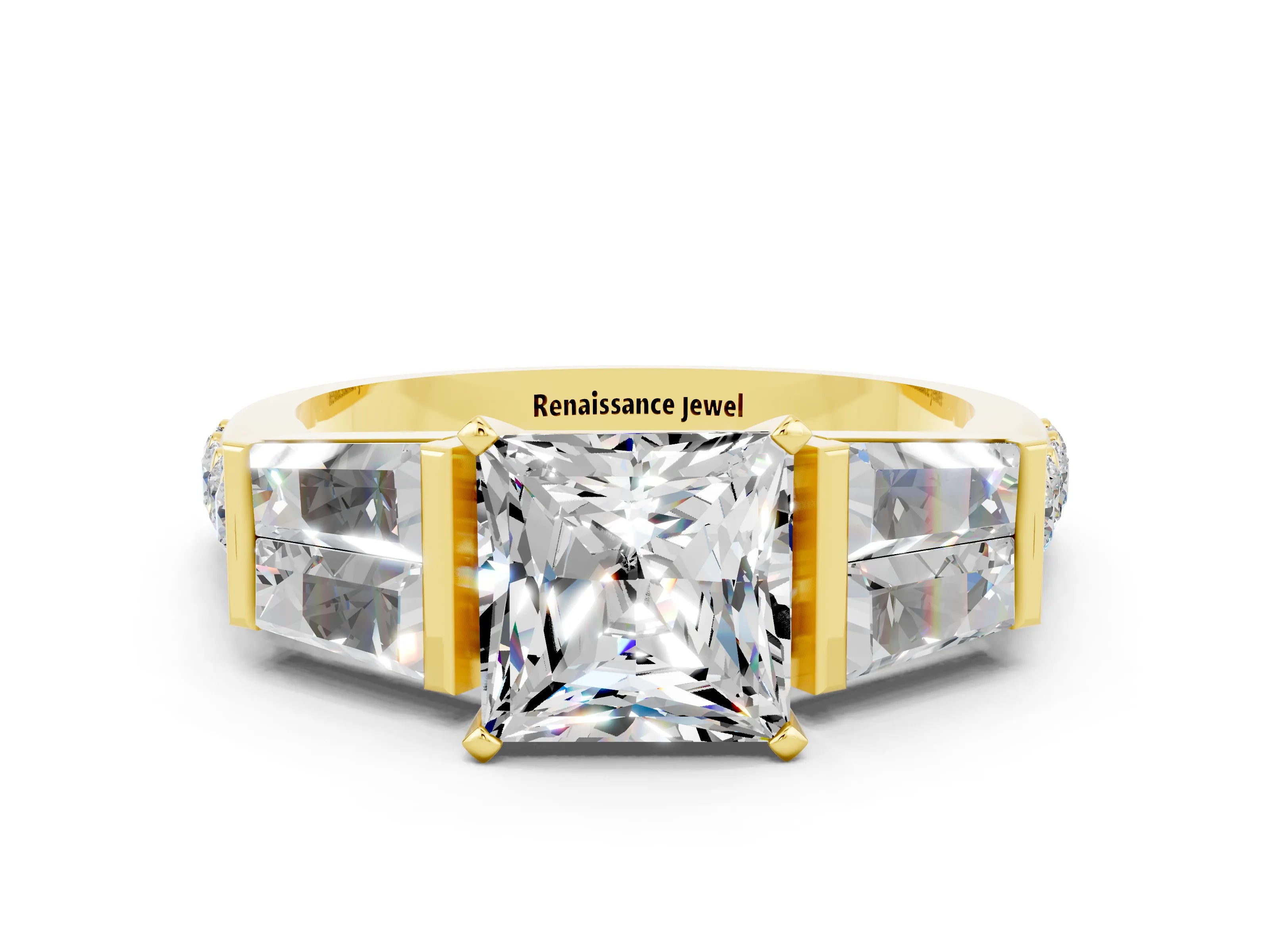 Yellow gold Princess Cut Moissanite Engagement Ring with Baguette Side Stones and Channel Set Band