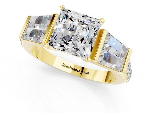Yellow gold Princess Cut Moissanite Engagement Ring with Baguette Side Stones and Channel Set Band_1