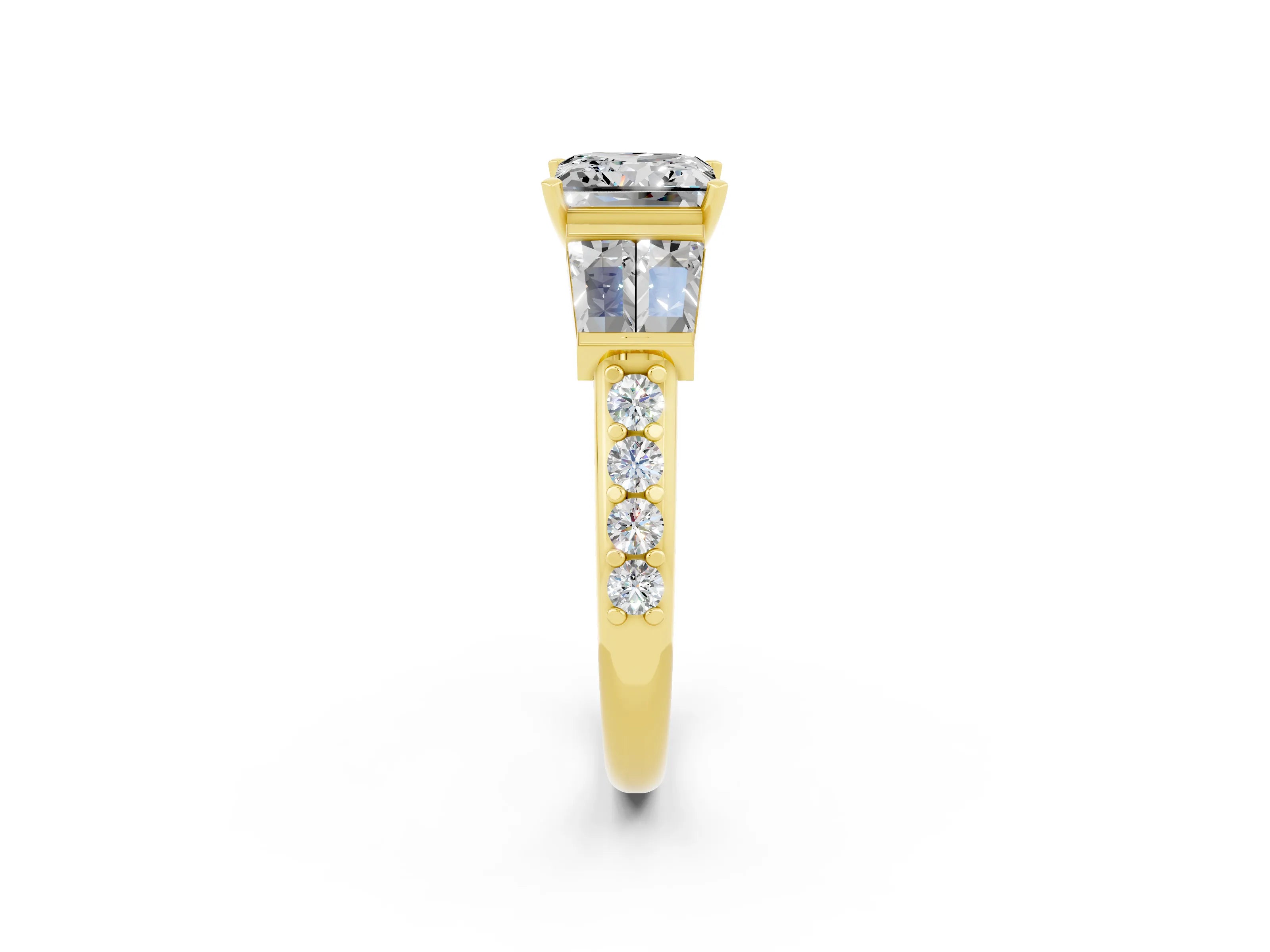 Yellow gold Princess Cut Moissanite Engagement Ring with Baguette Side Stones and Channel Set Band_2