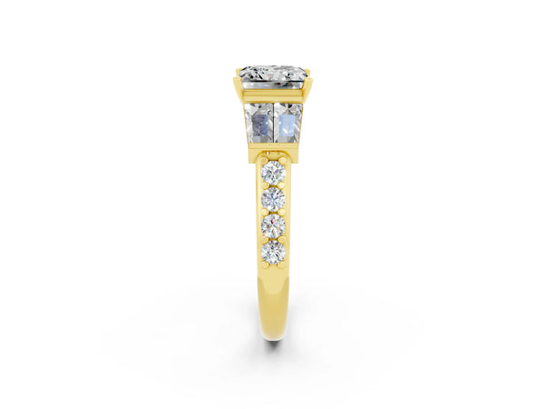 Yellow gold Princess Cut Moissanite Engagement Ring with Baguette Side Stones and Channel Set Band