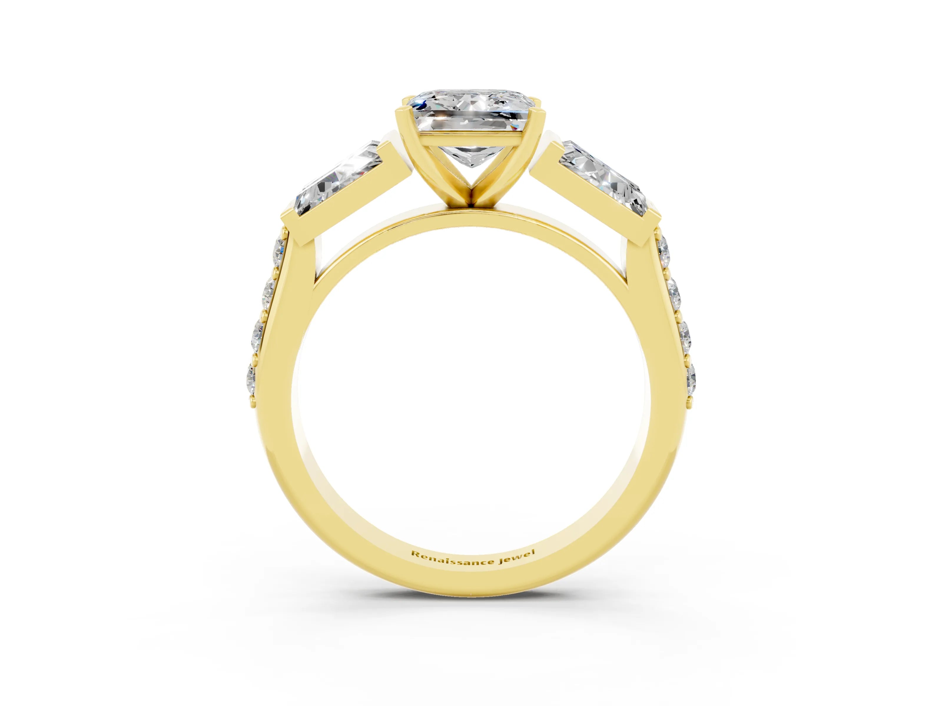 Yellow gold Princess Cut Moissanite Engagement Ring with Baguette Side Stones and Channel Set Band_3