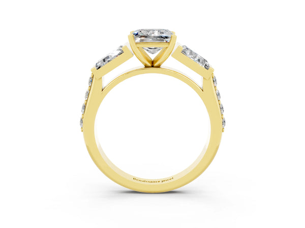 Yellow gold Princess Cut Moissanite Engagement Ring with Baguette Side Stones and Channel Set Band