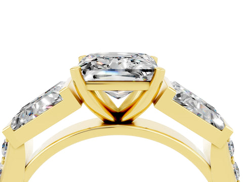 Yellow gold Princess Cut Moissanite Engagement Ring with Baguette Side Stones and Channel Set Band_4