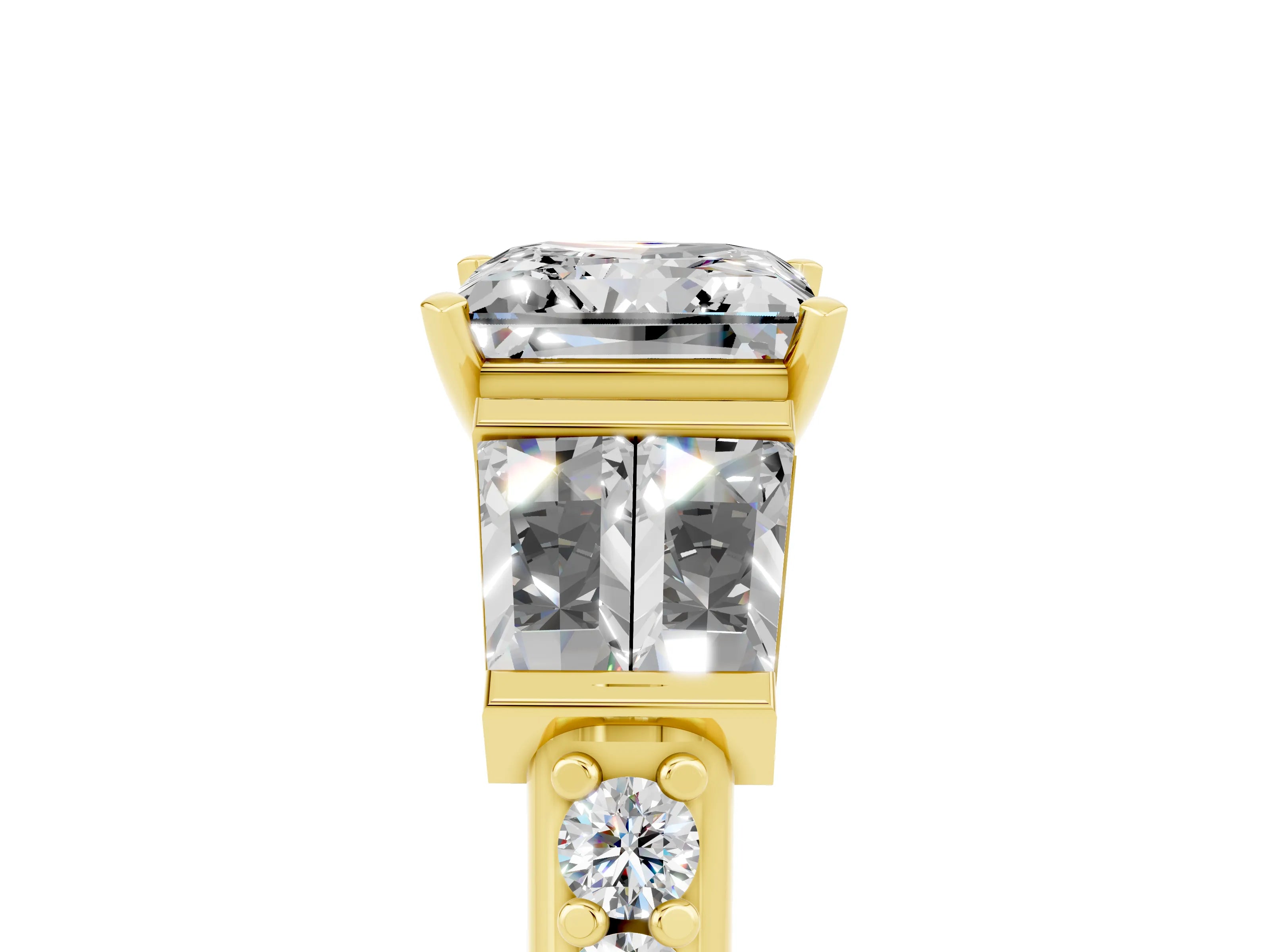 Yellow gold Princess Cut Moissanite Engagement Ring with Baguette Side Stones and Channel Set Band_5