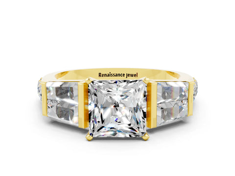 Yellow gold Princess Cut Moissanite Engagement Ring with Baguette Side Stones and Channel Set Band