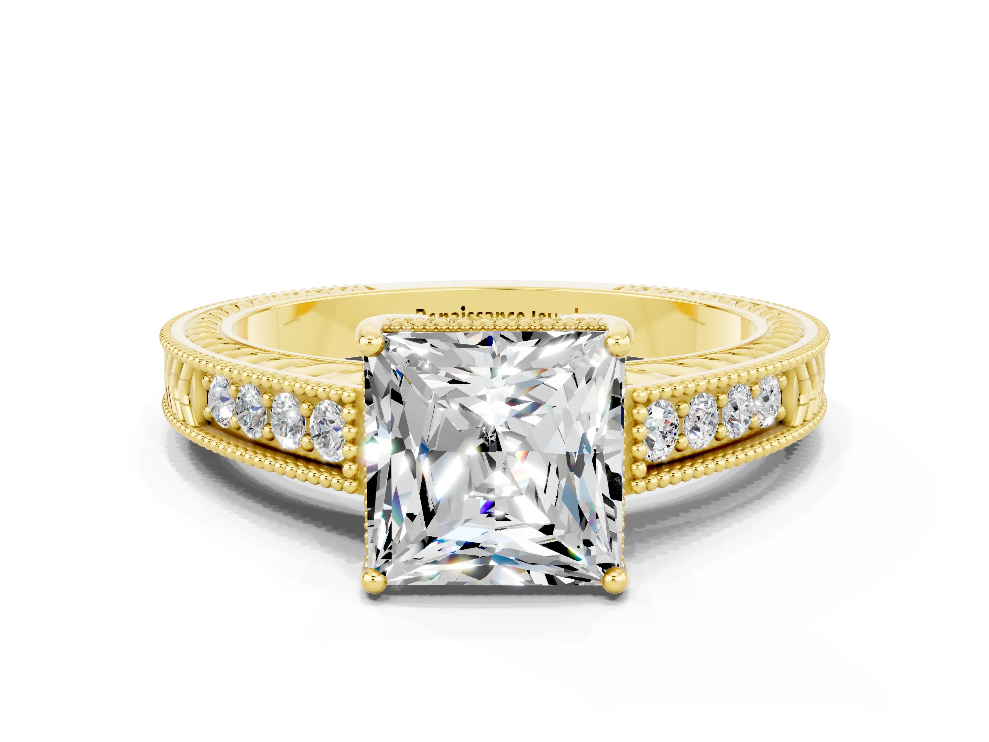 Yellow gold Princess Cut Moissanite Engagement Ring with Milgrain Channel Set Band and Prong Setting