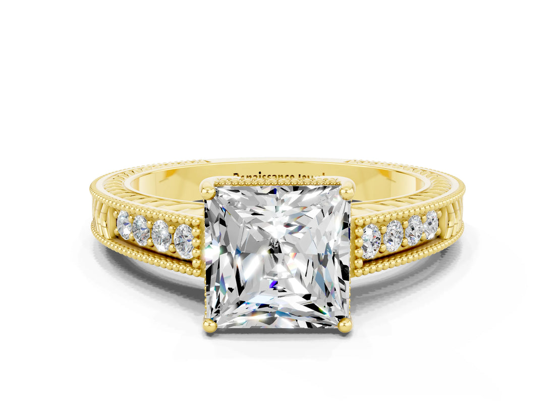 Yellow gold Princess Cut Moissanite Engagement Ring with Milgrain Channel Set Band and Prong Setting