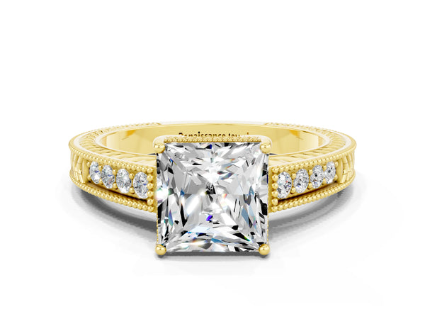 Yellow gold Princess Cut Moissanite Engagement Ring with Milgrain Channel Set Band and Prong Setting