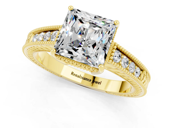 Yellow gold Princess Cut Moissanite Engagement Ring with Milgrain Channel Set Band and Prong Setting
