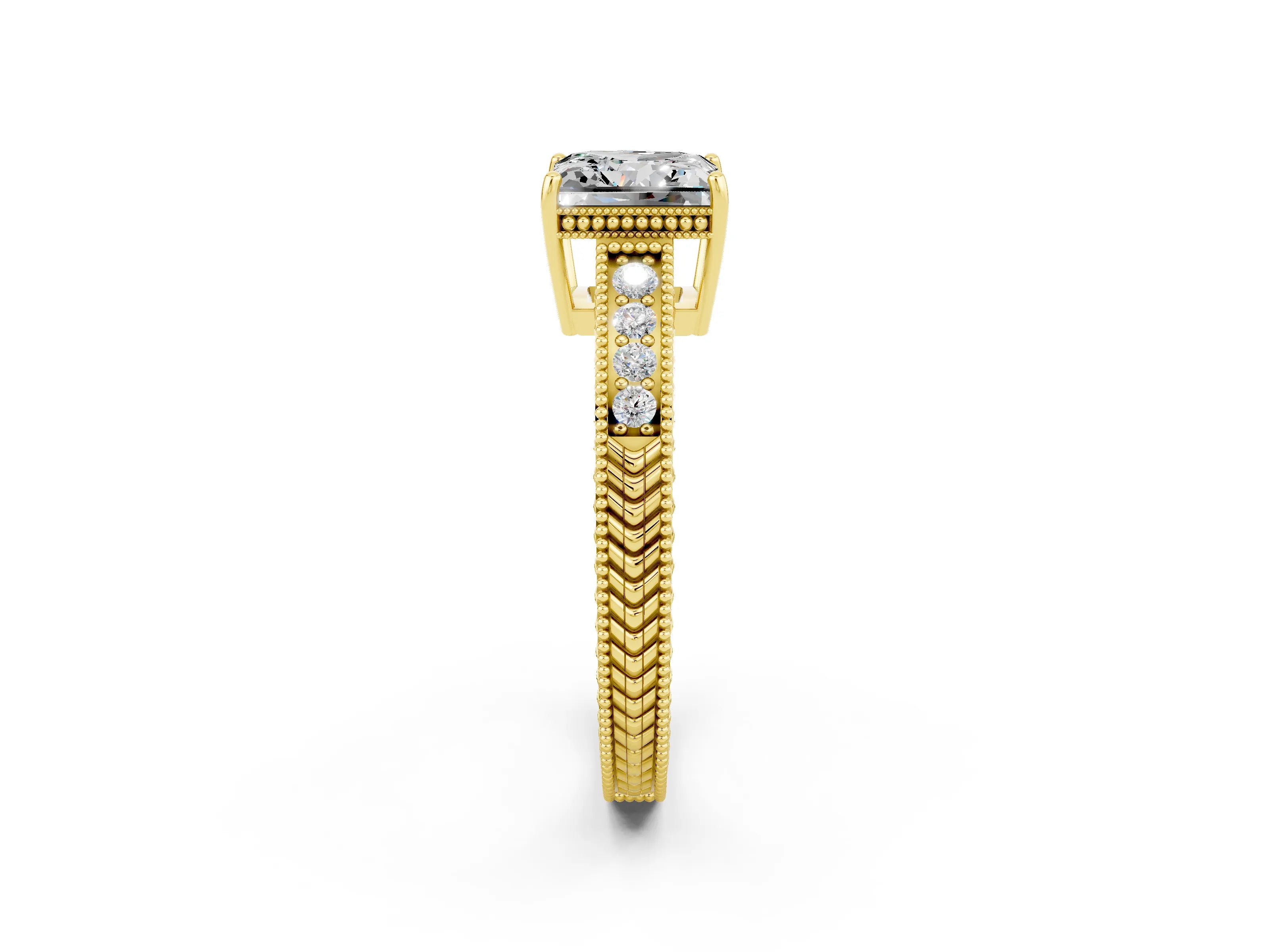 Yellow gold Princess Cut Moissanite Engagement Ring with Milgrain Channel Set Band and Prong Setting_2