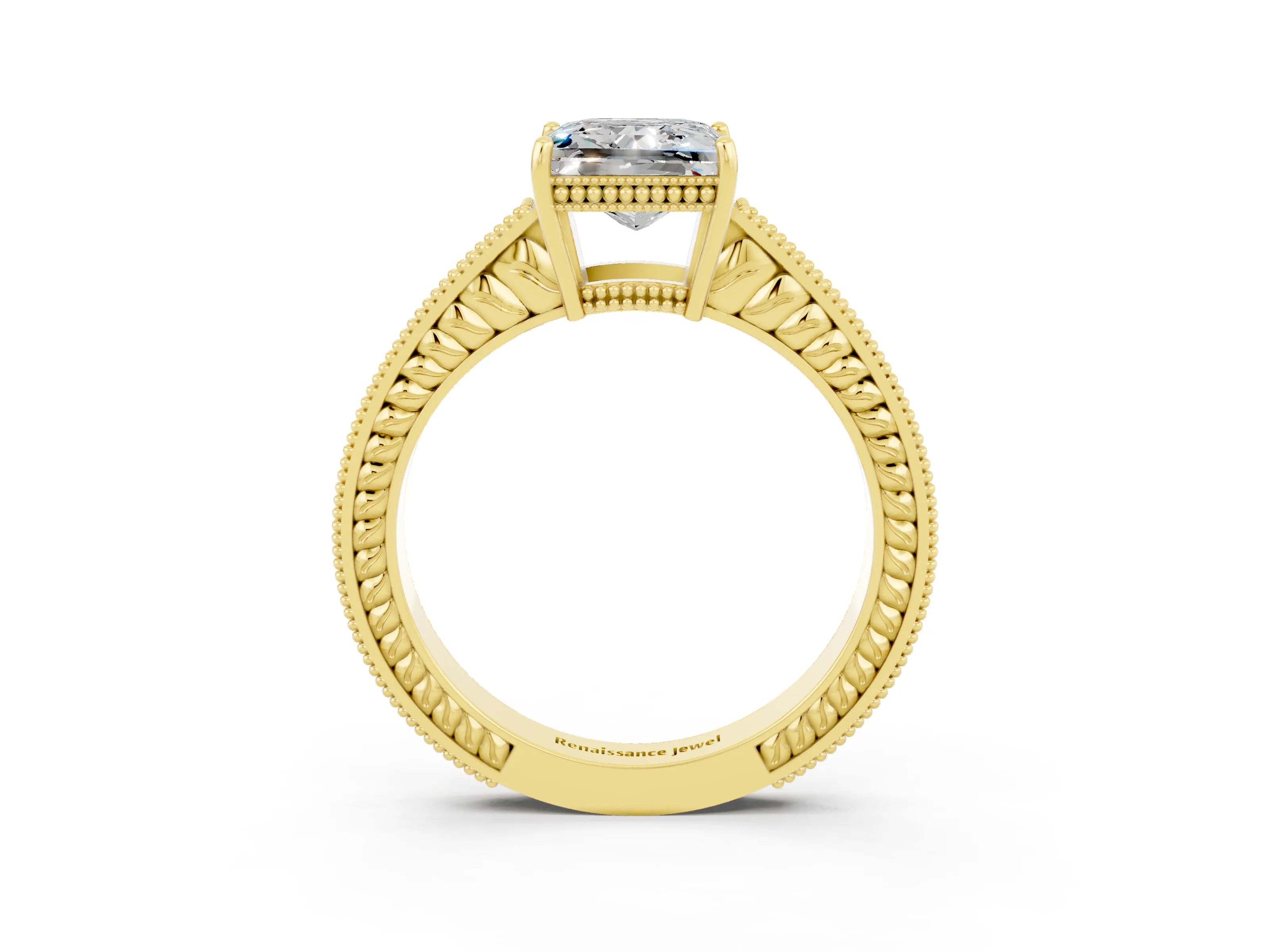 Yellow gold Princess Cut Moissanite Engagement Ring with Milgrain Channel Set Band and Prong Setting_3
