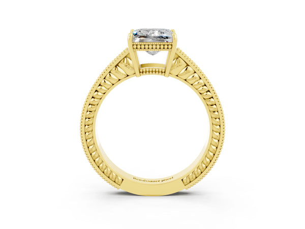 Yellow gold Princess Cut Moissanite Engagement Ring with Milgrain Channel Set Band and Prong Setting
