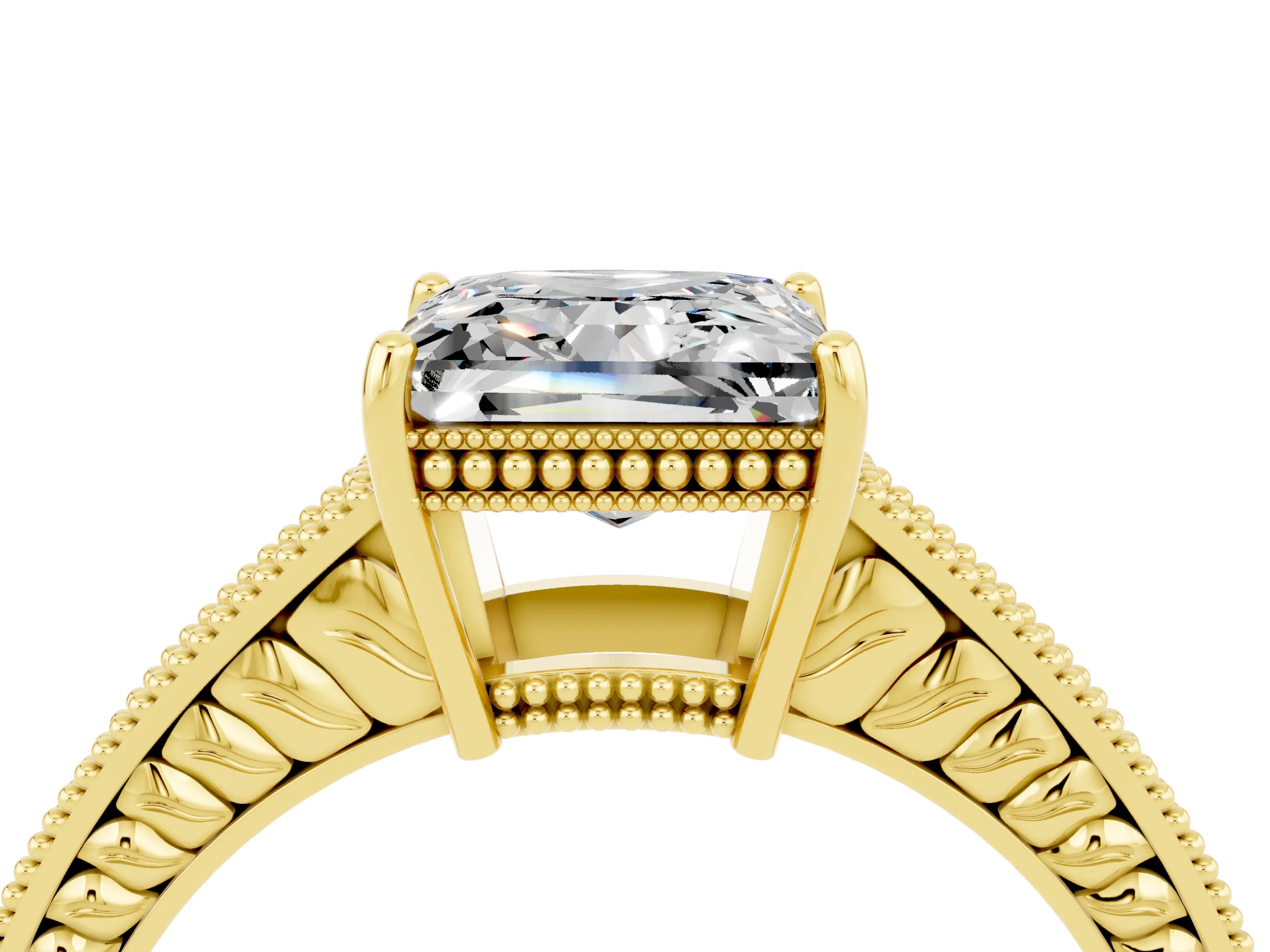 Yellow gold Princess Cut Moissanite Engagement Ring with Milgrain Channel Set Band and Prong Setting_4